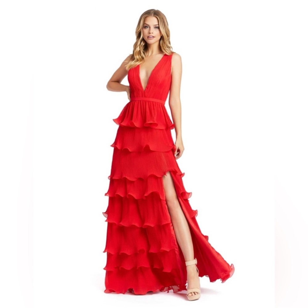 Ieena for Mac Duggal Red Ruffle Tiered Gown Size 8 | Formal Evening Dress NWT